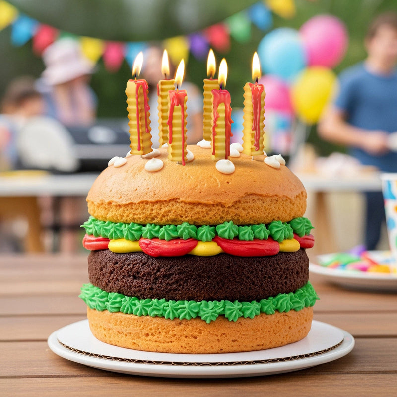 Hot & Crispy french fry candles standing in a cake with dripping ketchup detail