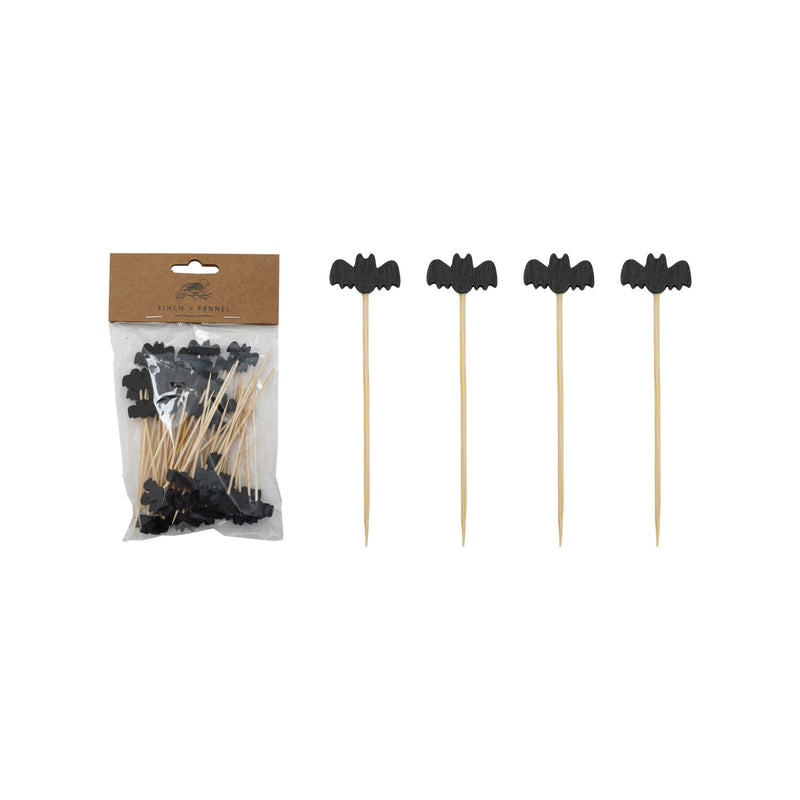 Bamboo Single Use Picks w/ Bat Shaped Handles, Natural & Black, Set of 20