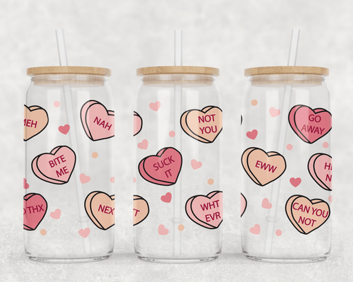 JOYSMITH TUMBLERS Anti Valentine Candy Hearts Can Glass with Lid + Straw