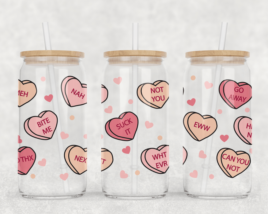 JOYSMITH TUMBLERS Anti Valentine Candy Hearts Can Glass with Lid + Straw