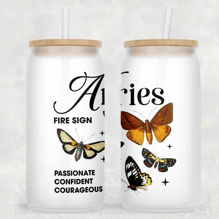 JOYSMITH TUMBLERS Aries Butterfly Frosted Can Glass with Lid + Straw