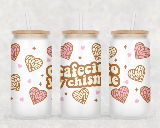 JOYSMITH TUMBLERS Cafecito y Chisme Heart Concha Frosted Can Glass with Lid + Straw