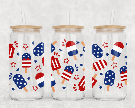 JOYSMITH TUMBLERS Clear 4th of July Popsicles Clear Can Glass with Lid + Straw