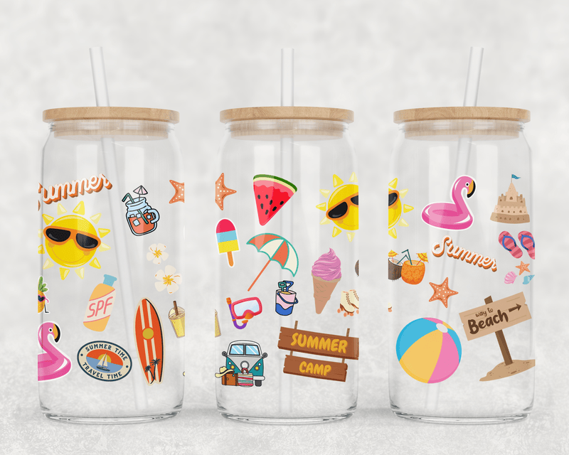 JOYSMITH TUMBLERS Clear Summer Time Clear Can Glass with Lid + Straw