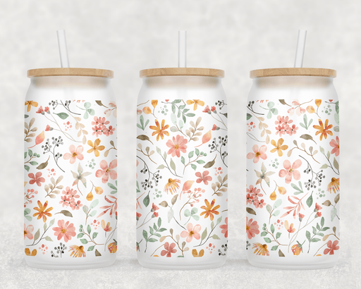JOYSMITH TUMBLERS Dainty Wildflowers Frosted Can Glass with Lid + Straw
