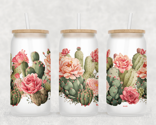 JOYSMITH TUMBLERS Floral Cactus Frosted Can Glass with Lid + Straw