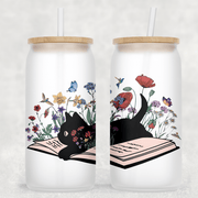 JOYSMITH TUMBLERS Frosted Black Cat in Book Can Glass with Lid + Straw