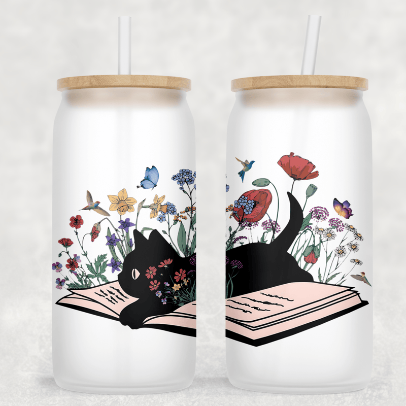 JOYSMITH TUMBLERS Frosted Black Cat in Book Can Glass with Lid + Straw