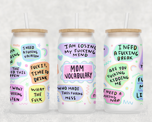 JOYSMITH TUMBLERS Frosted Mother Vocabulary Can Glass with Lid + Straw