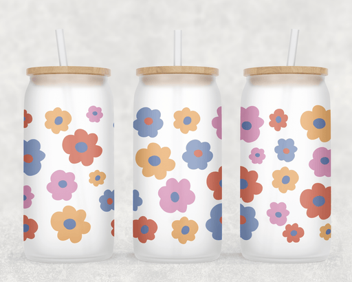 JOYSMITH TUMBLERS Frosted Retro Flowers Clear Can Glass with Lid + Straw