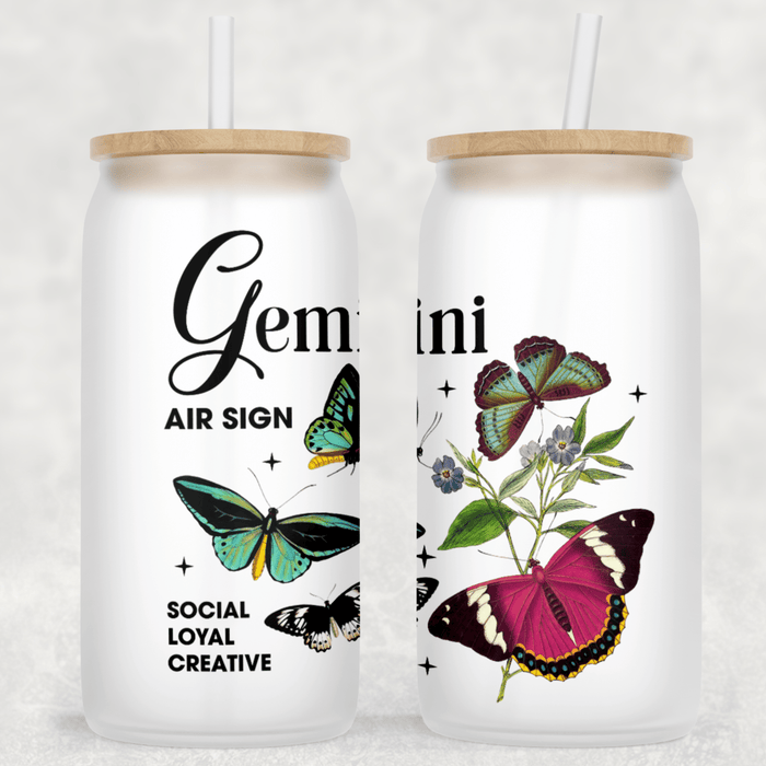 JOYSMITH TUMBLERS Gemini Butterfly Frosted Can Glass with Lid + Straw