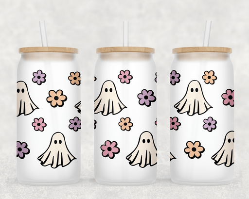 JOYSMITH TUMBLERS Ghosts and Flowers Can Glass with Lid + Straw
