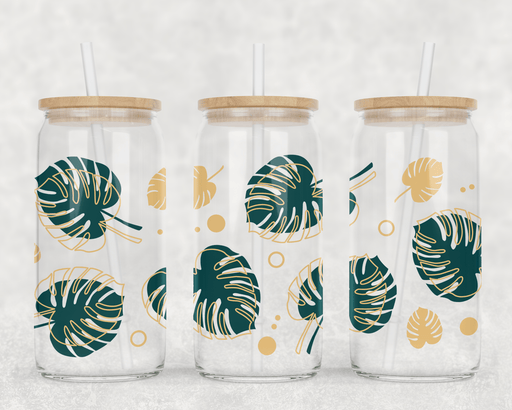 JOYSMITH TUMBLERS Jungle Leaves Can Glass with Lid + Straw