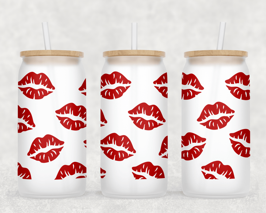 JOYSMITH TUMBLERS Lipstick Kisses Frosted Can Glass with Lid + Straw