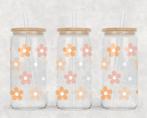 JOYSMITH TUMBLERS Pastel Flowers Can Glass with Lid + Straw