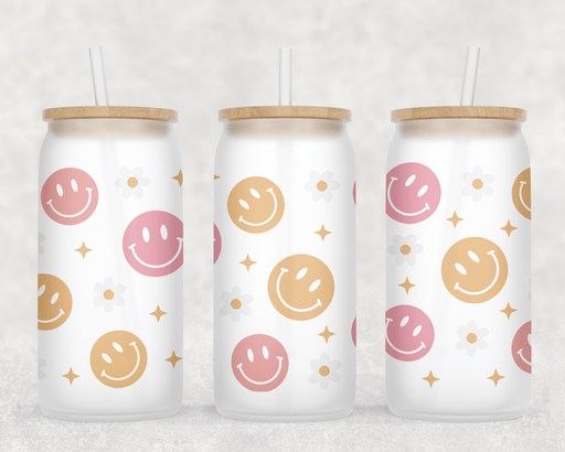 JOYSMITH TUMBLERS Pastel Smiley Wrap Can Glass with Lid + Straw