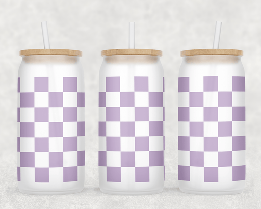 JOYSMITH TUMBLERS Purple Checkered Can Glass with Lid + Straw