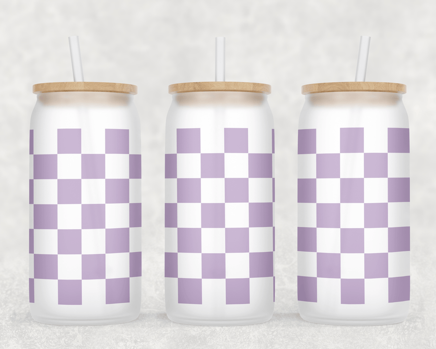 JOYSMITH TUMBLERS Purple Checkered Can Glass with Lid + Straw