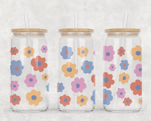 JOYSMITH TUMBLERS Retro Flowers Clear Can Glass with Lid + Straw