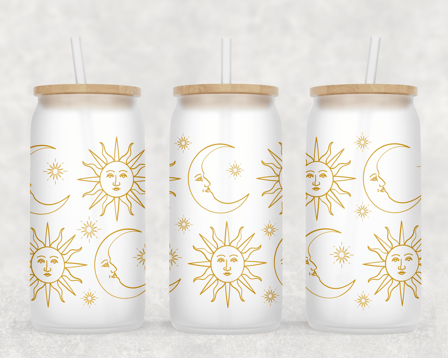 JOYSMITH TUMBLERS Sun and Moon Celestial Frosted Can Glass with Lid + Straw