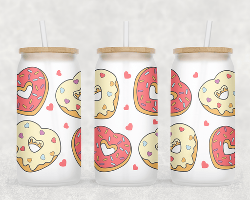 JOYSMITH TUMBLERS Valentine Donuts Frosted Can Glass with Lid + Straw