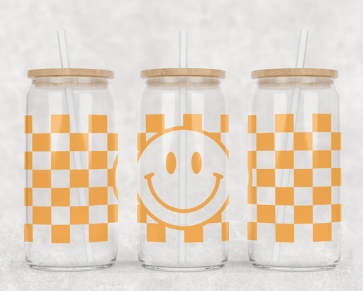 JOYSMITH TUMBLERS Yellow Checkered Smile Can Glass with Lid + Straw