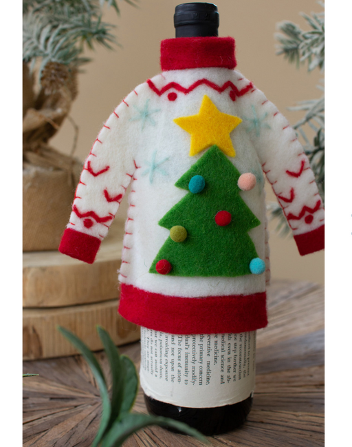 KALALOU DECOR Felt Christmas Tree Sweater Bottle Topper