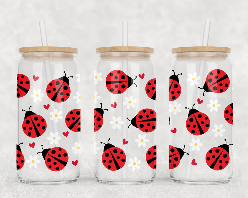 Lady Bug Can Glass With Lid + Straw