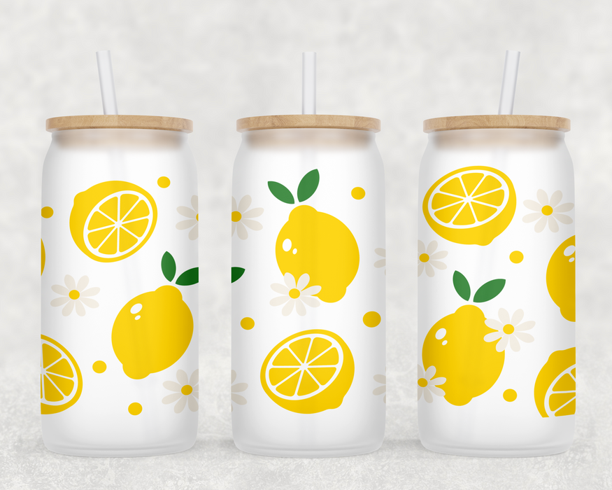 Lemon and Daises Can Glass with Lid + Straw - LOCAL FIXTURE