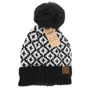 LF ACCESSORIES BEANIES Black Fuzzy Lined Diamond Patterned Faux Fur Pom C.C Beanie