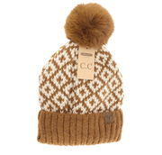 LF ACCESSORIES BEANIES Brown Fuzzy Lined Diamond Patterned Faux Fur Pom C.C Beanie
