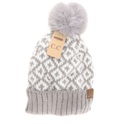 LF ACCESSORIES BEANIES Grey Fuzzy Lined Diamond Patterned Faux Fur Pom C.C Beanie