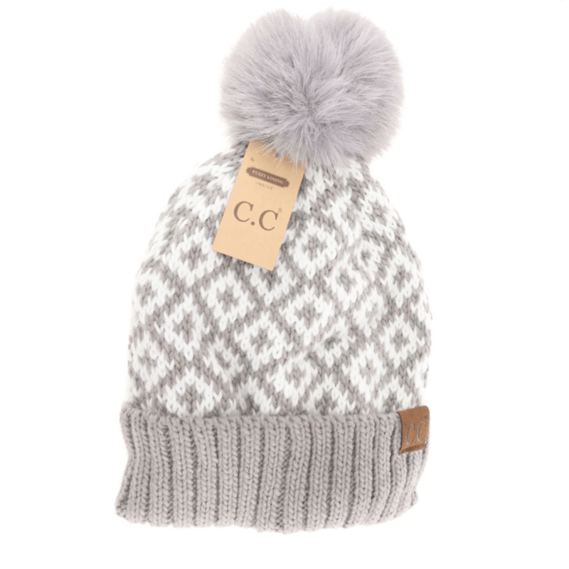 LF ACCESSORIES BEANIES Grey Fuzzy Lined Diamond Patterned Faux Fur Pom C.C Beanie