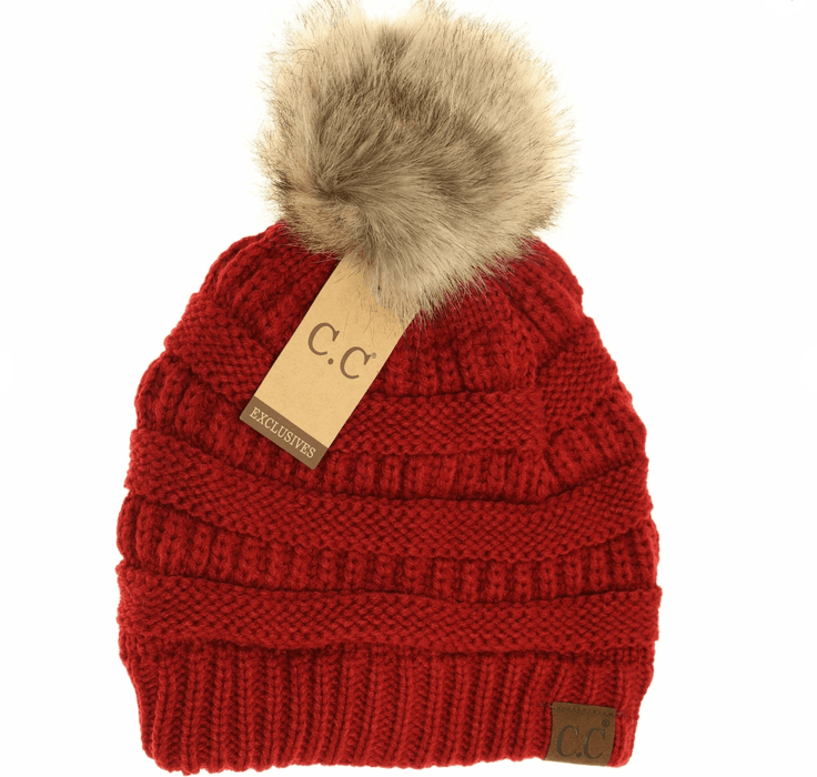 LF ACCESSORIES BEANIES Red Mixed Soft Yarn Natural Pom Beanie