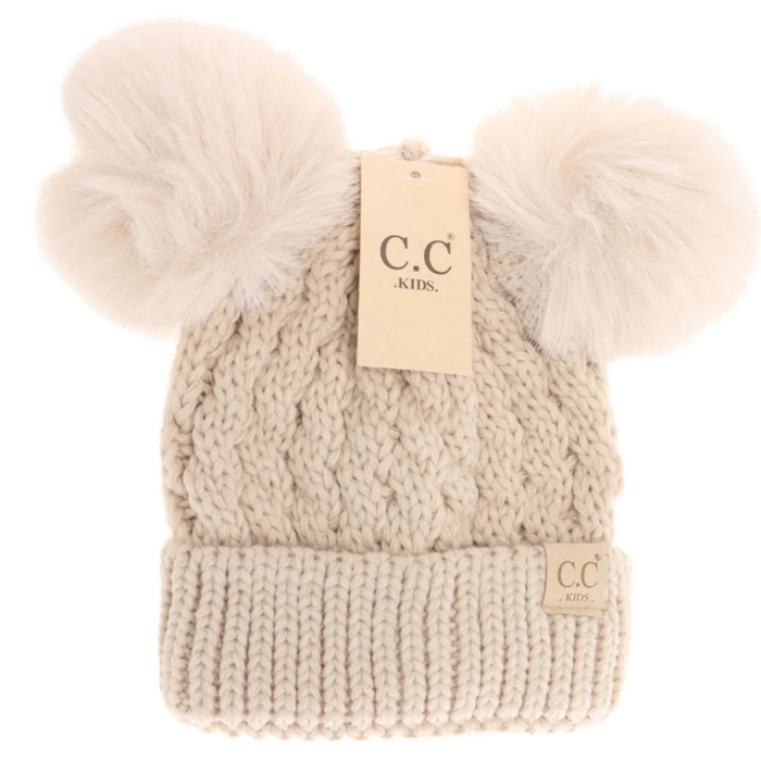 LF KIDS BEANIES Beige KIDS Cable Knit Double Matching Pom Beanie