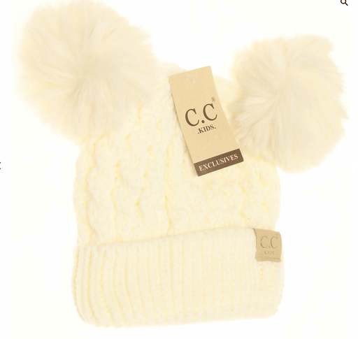 LF KIDS BEANIES Ivory KIDS Cable Knit Double Matching Pom Beanie