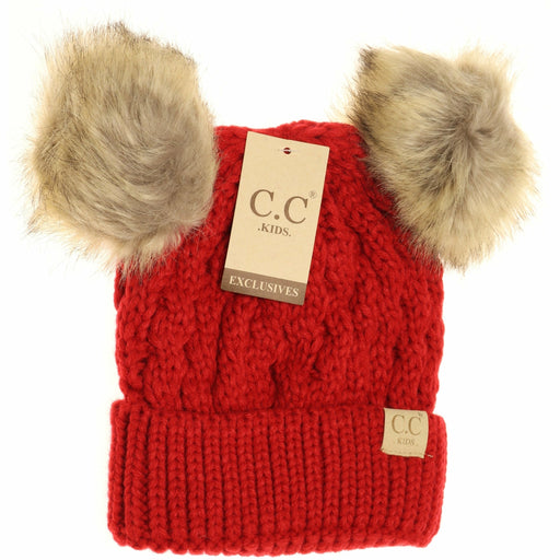 LF KIDS BEANIES Red KIDS Cable Knit Double Matching Pom Beanie