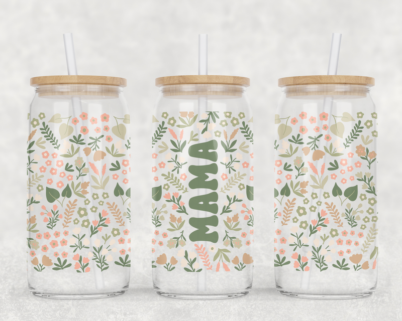 Mama Green Florals Can Glass With Lid + Straw