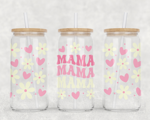 Mama Hearts and Flowers Clear Can Glass with Lid + Straw - LOCAL FIXTURE