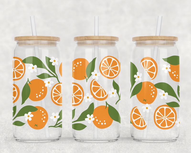 Oranges Can Glass With Lid + Straw