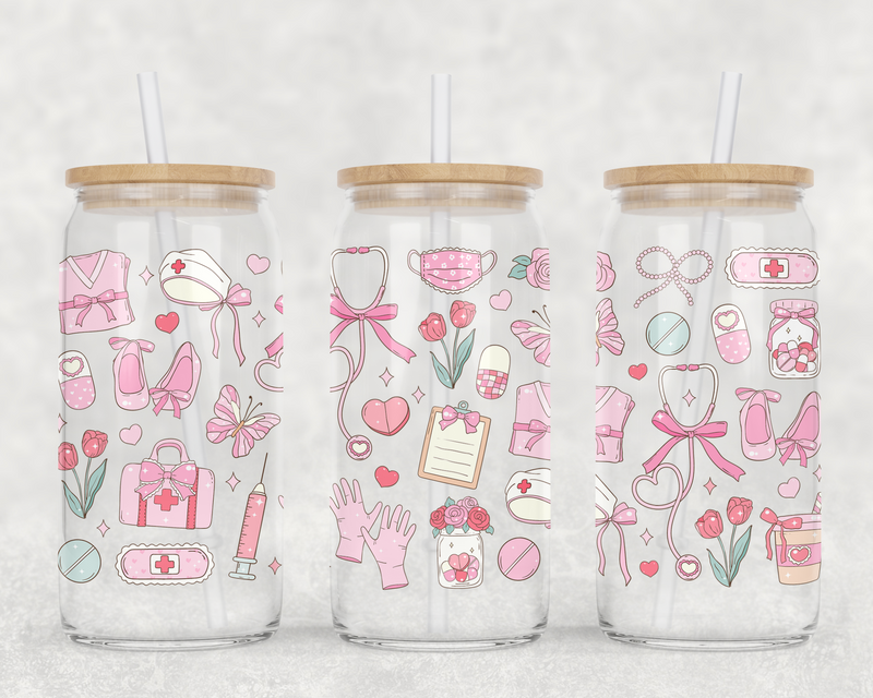 Pink Nurse Can Glass With Lid + Straw
