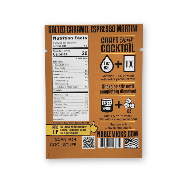 Salted Caramel Espresso Martini packet back label with nutrition facts and directions
