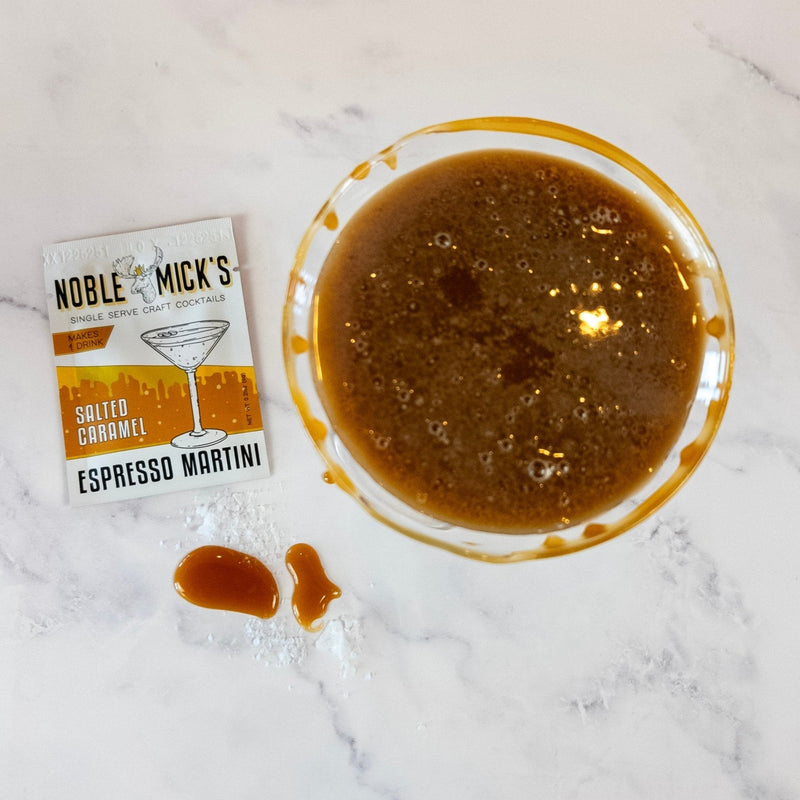 Noble Mick's Salted Caramel Espresso Martini packet with caramel drizzle