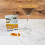 Noble Mick's Salted Caramel Espresso Martini single serve packet with prepared cocktail