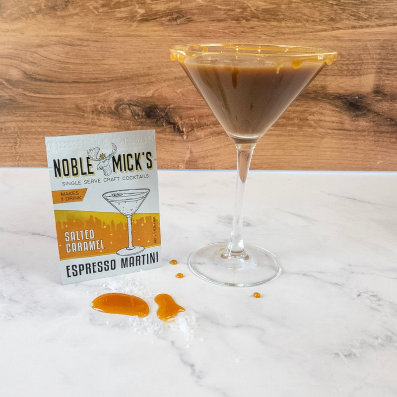 Noble Mick's Salted Caramel Espresso Martini single serve packet with prepared cocktail