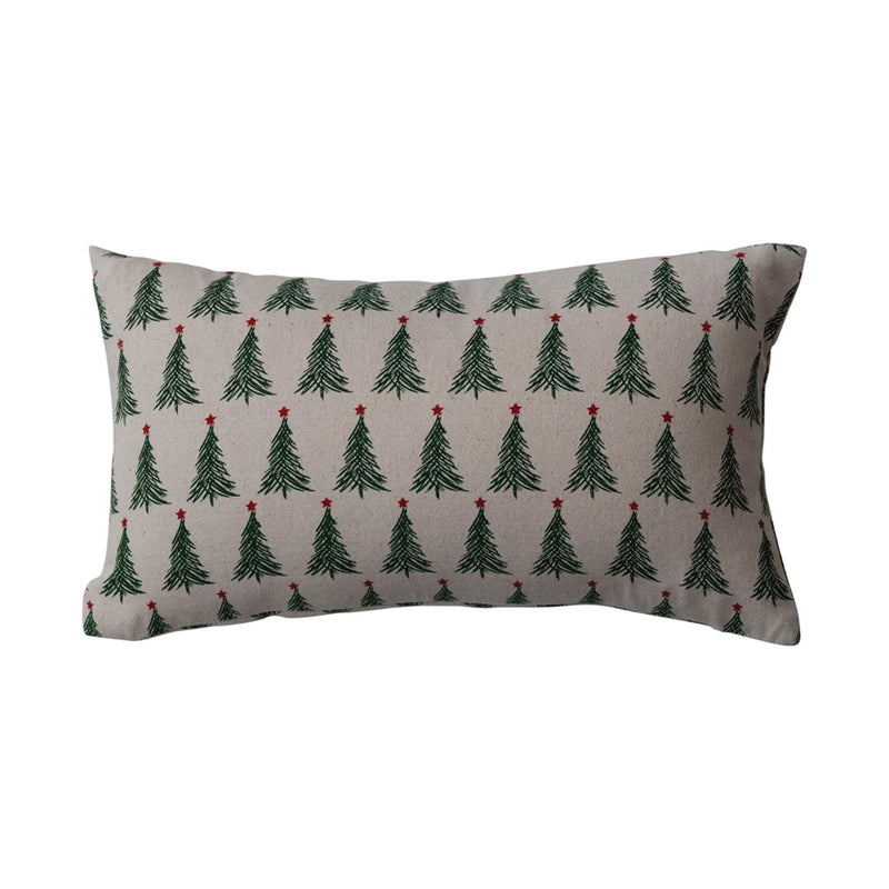 Stonewashed Cotton Printed Lumbar Pillow | Christmas Trees
