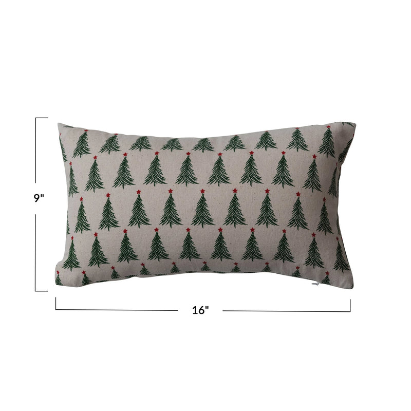 Stonewashed Cotton Printed Lumbar Pillow | Christmas Trees
