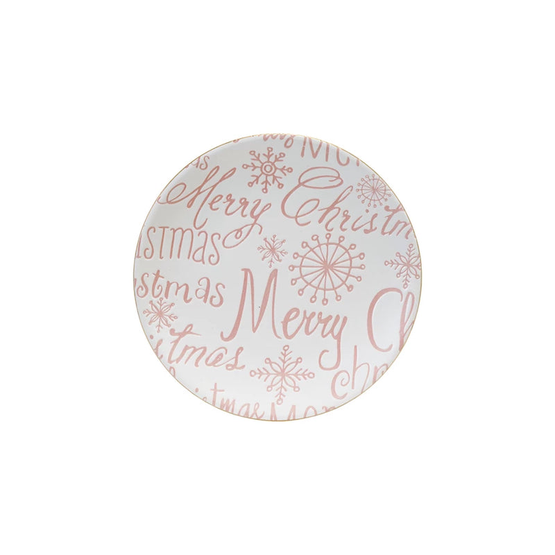 Stoneware Plate with Gold Color Rim "Merry Christmas" | Pink & White