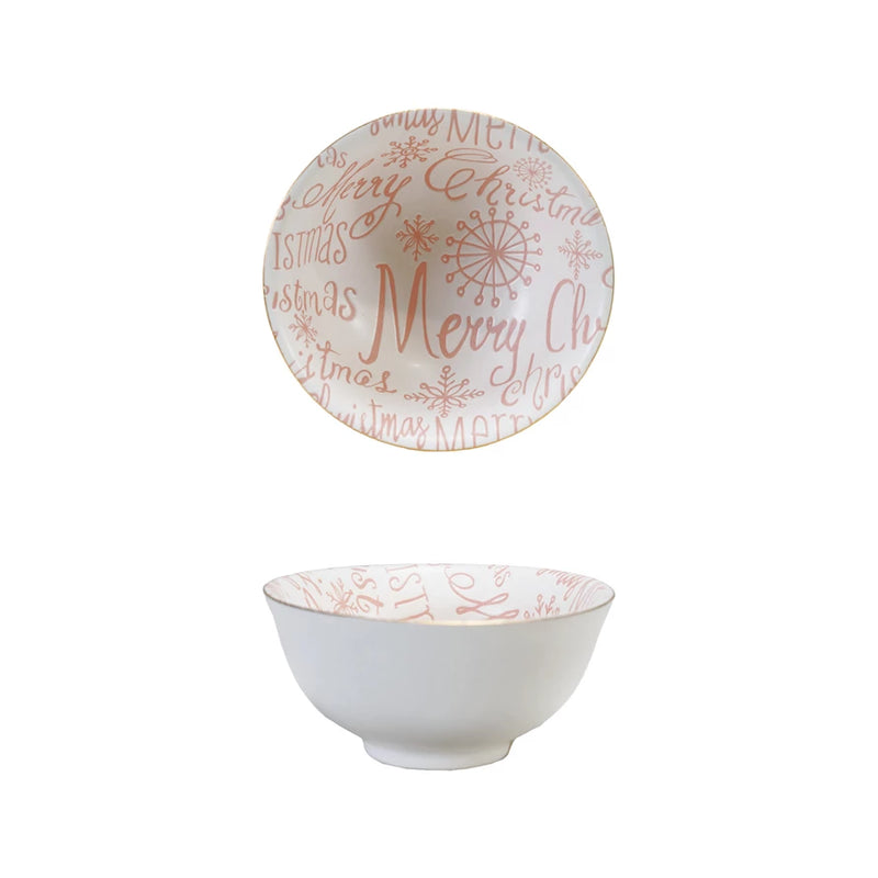Stoneware Bowl with Gold Color Rim "Merry Christmas" | Pink & White