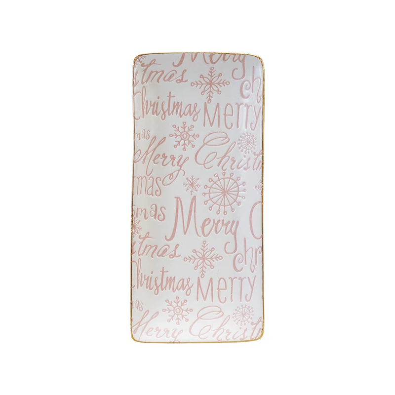 Stoneware Tray with Gold Color Rim "Merry Christmas" | Pink & White